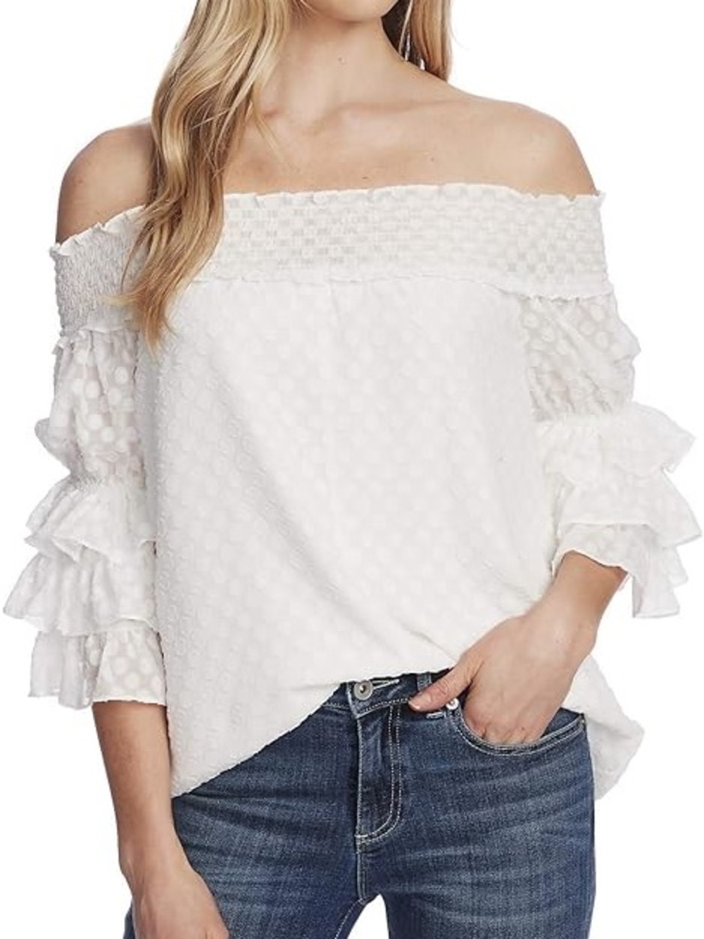 CeCe (Nordstrom) White Off-Shoulder Swiss Dot Ruffle Sleeve Top